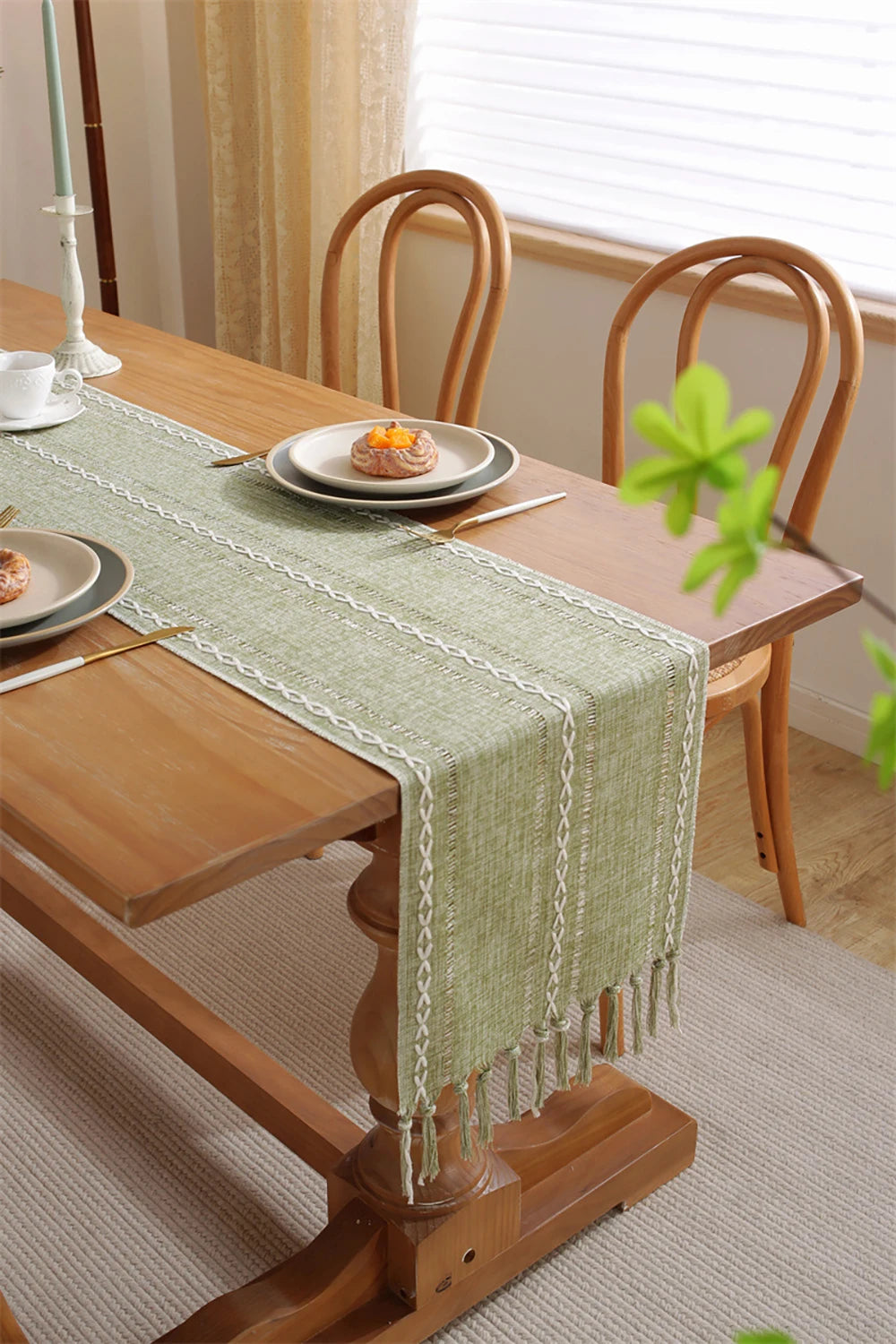 Green Table Runners Boho Rustic Tassels Farmhouse Braided Striped Cotton Linen for Dining Party Holiday Wedding Table Decoration