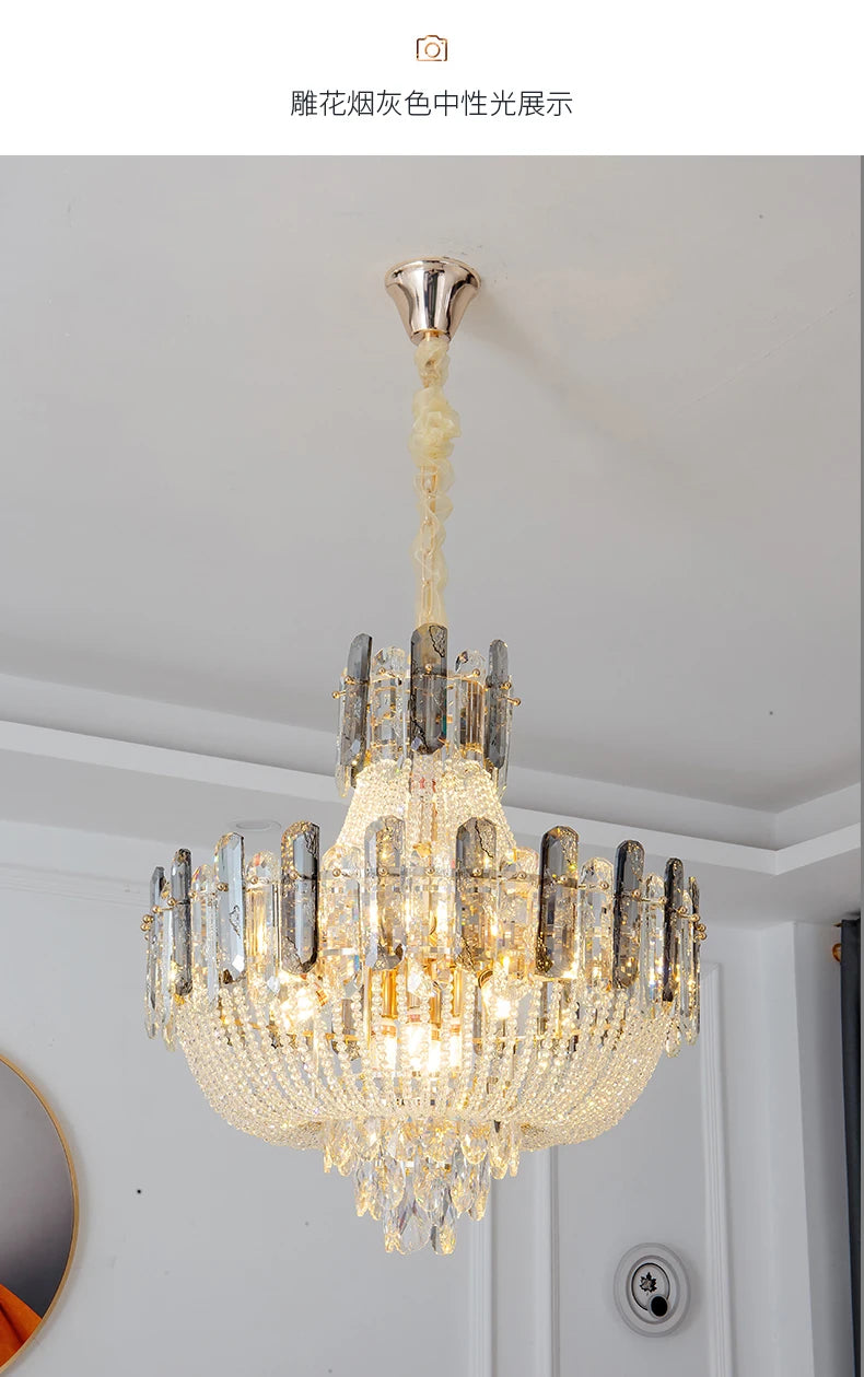 2025 Light Luxury Crystal Ceiling Chandelier Amber And Smoky Grey Crystal Circular Living Room Elegant Ceiling Lamps LED Lustre