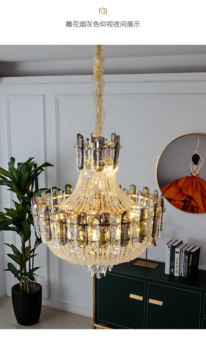 2025 Light Luxury Crystal Ceiling Chandelier Amber And Smoky Grey Crystal Circular Living Room Elegant Ceiling Lamps LED Lustre