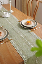 Green Table Runners Boho Rustic Tassels Farmhouse Braided Striped Cotton Linen for Dining Party Holiday Wedding Table Decoration