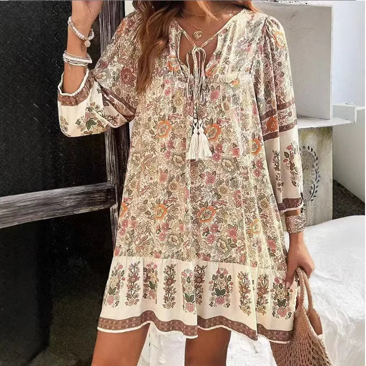 Casual Print Loose Dress For Women Fashion Long Sleeve V Neck Lace-up Vintage Pullover Dresses Lady Boho Holiday Womens Clothing