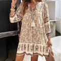 Casual Print Loose Dress For Women Fashion Long Sleeve V Neck Lace-up Vintage Pullover Dresses Lady Boho Holiday Womens Clothing