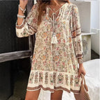 Casual Print Loose Dress For Women Fashion Long Sleeve V Neck Lace-up Vintage Pullover Dresses Lady Boho Holiday Womens Clothing