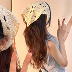Female Beige Triangle Hair Scarf Bandana Crochet Sheer Mesh Knitted Scarf Retro Headscarf Versatile Neck Scarf Hair Accessories