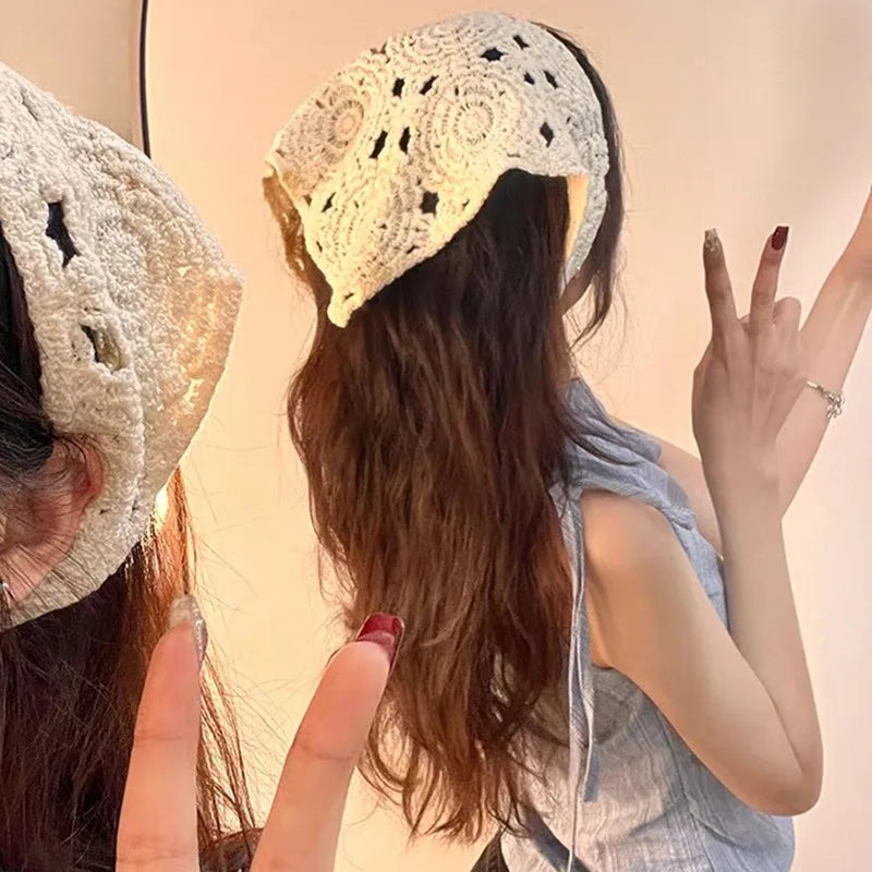 Female Beige Triangle Hair Scarf Bandana Crochet Sheer Mesh Knitted Scarf Retro Headscarf Versatile Neck Scarf Hair Accessories