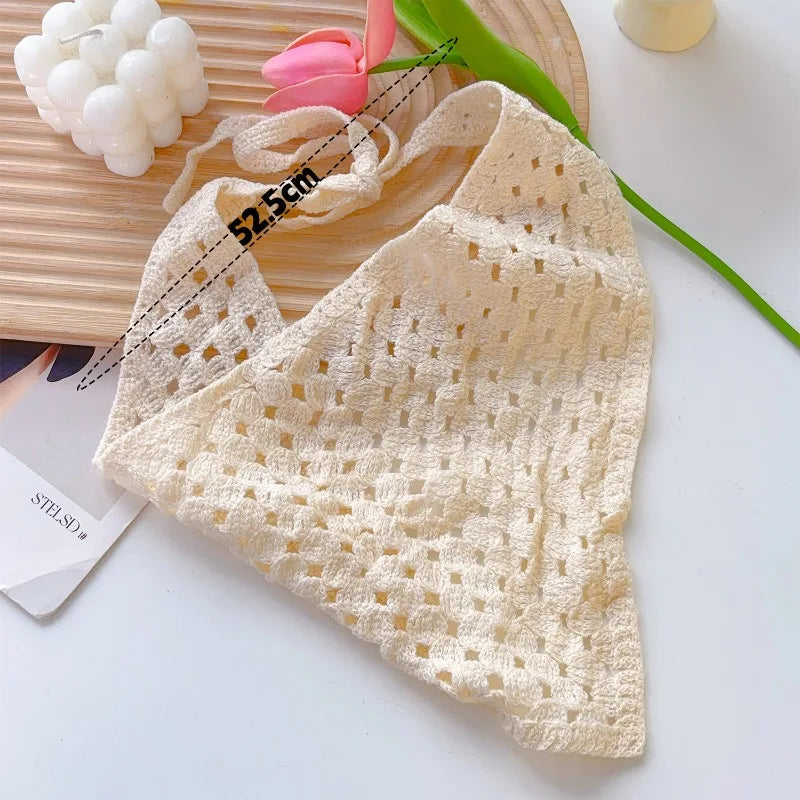 Female Beige Triangle Hair Scarf Bandana Crochet Sheer Mesh Knitted Scarf Retro Headscarf Versatile Neck Scarf Hair Accessories