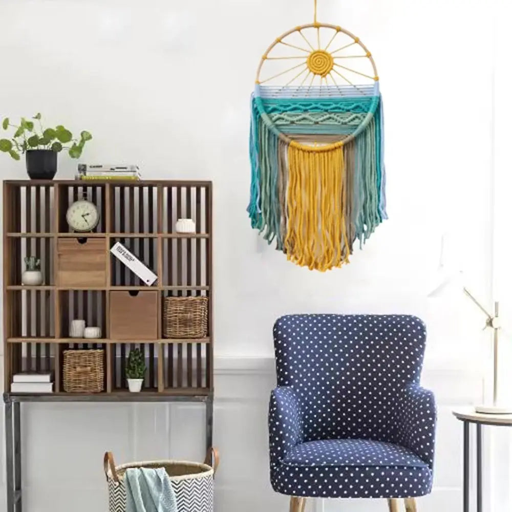 Hand-woven Cotton Rope Sunrise Sunset Tapestry Bohemian Colorful Sunrise Sunset Wall Art with Tassel Decorative