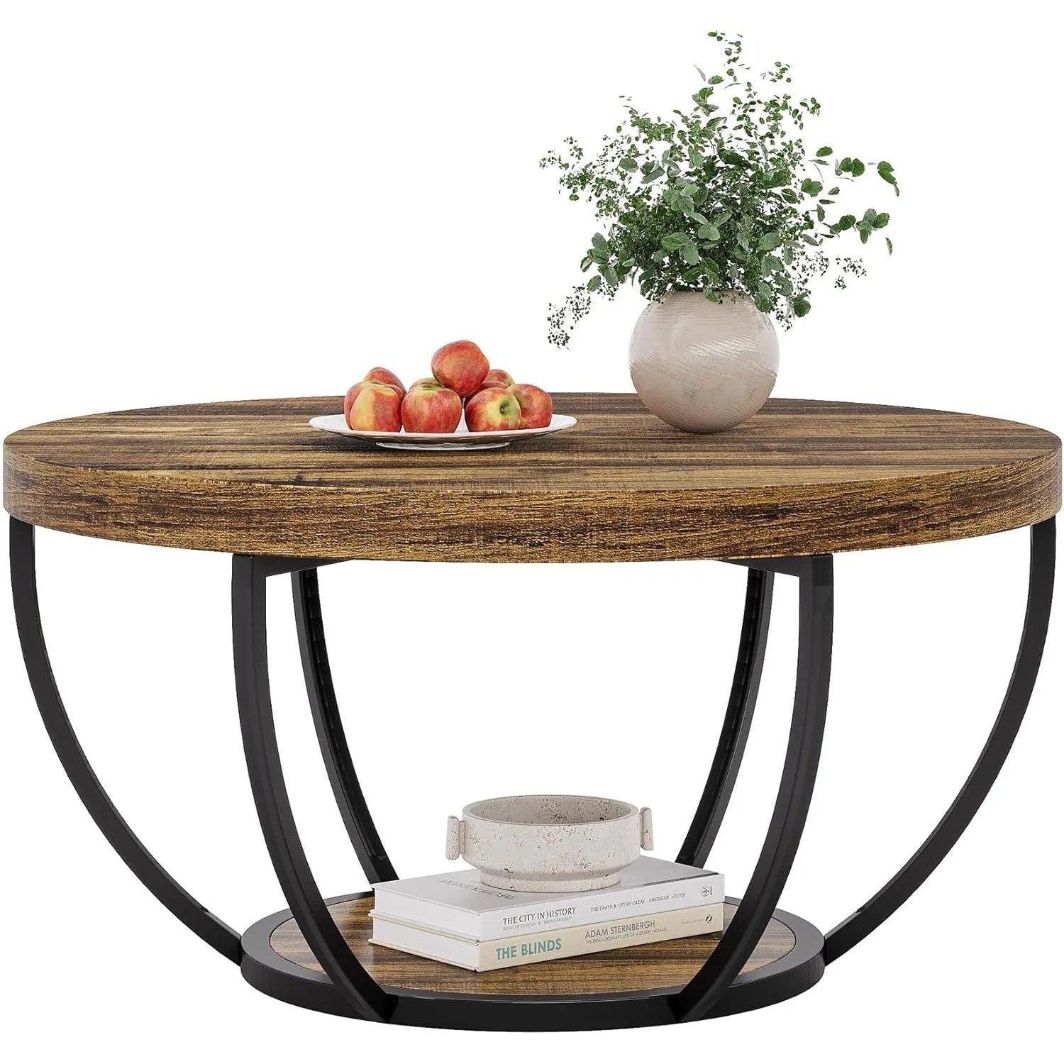 32" Circle Marble Coffee Tables, 2-Tier Golden Metal Legs Accent Center Table with Open Storage Modern Design Home Furniture