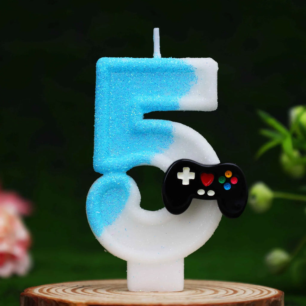 Game Controller Number Candles 0-9, Blue Glitter Video Game Birthday Cake Topper, Gamer Themed Number Candle for Boys Birthday P