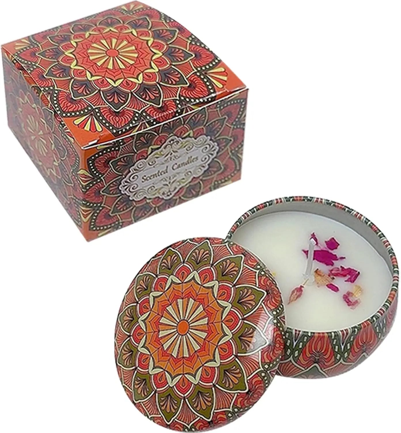 Small Mandala Scented Candle in Tin, 2.36in with Dried Flowers, for Home Decor, Relaxation & Gifting, 40-50H Burn Time
