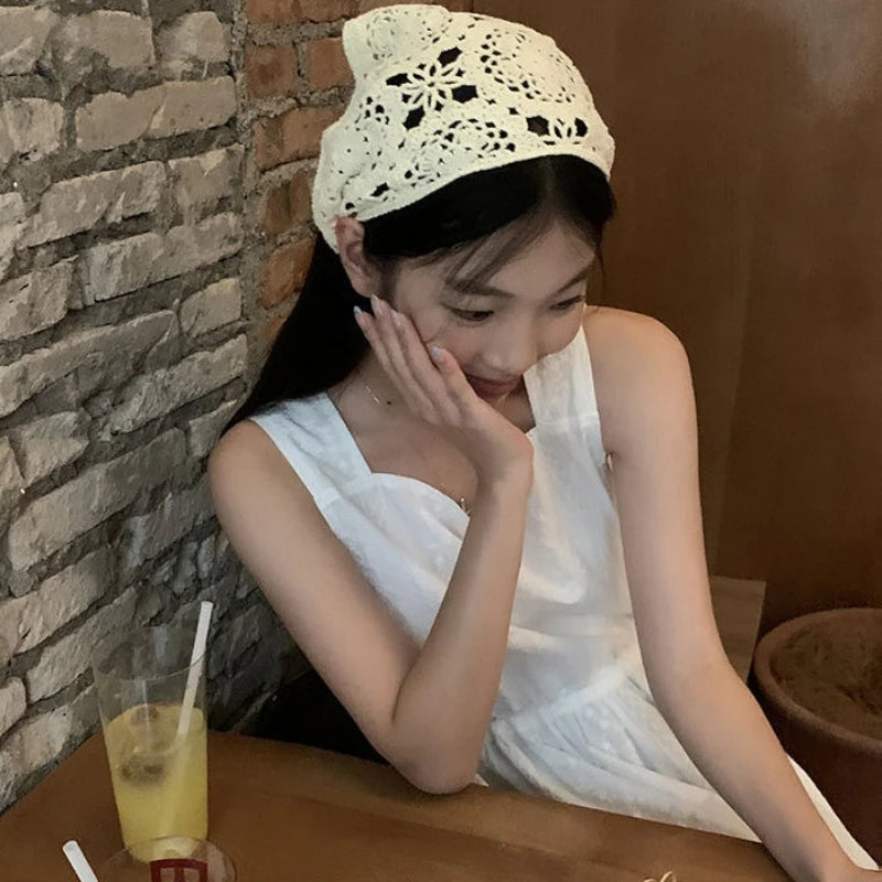 Female Beige Triangle Hair Scarf Bandana Crochet Sheer Mesh Knitted Scarf Retro Headscarf Versatile Neck Scarf Hair Accessories