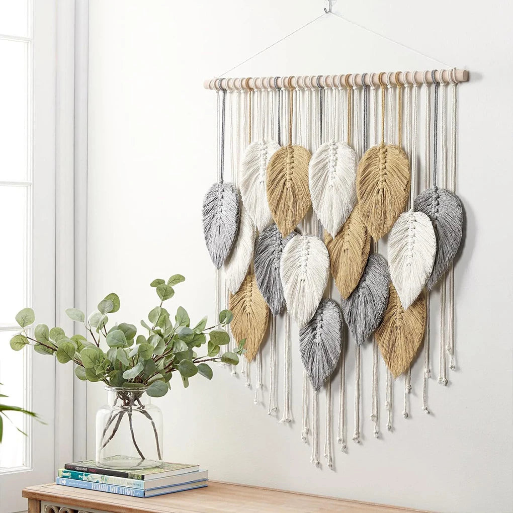Large Macrame Wall Hanging Boho Woven Tapestry Chic Home Decor Modern Bohemian Handmade Leaf Feather Wall Art Decorations