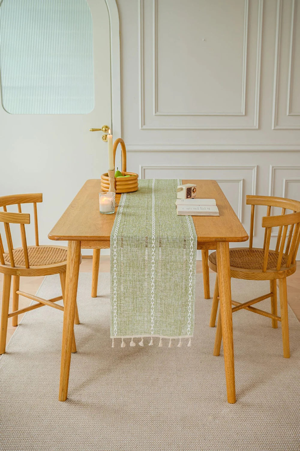 Green Table Runners Boho Rustic Tassels Farmhouse Braided Striped Cotton Linen for Dining Party Holiday Wedding Table Decoration
