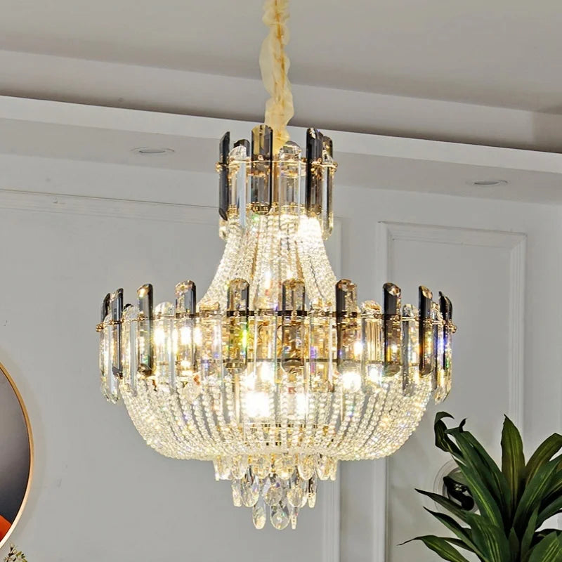 2025 Light Luxury Crystal Ceiling Chandelier Amber And Smoky Grey Crystal Circular Living Room Elegant Ceiling Lamps LED Lustre