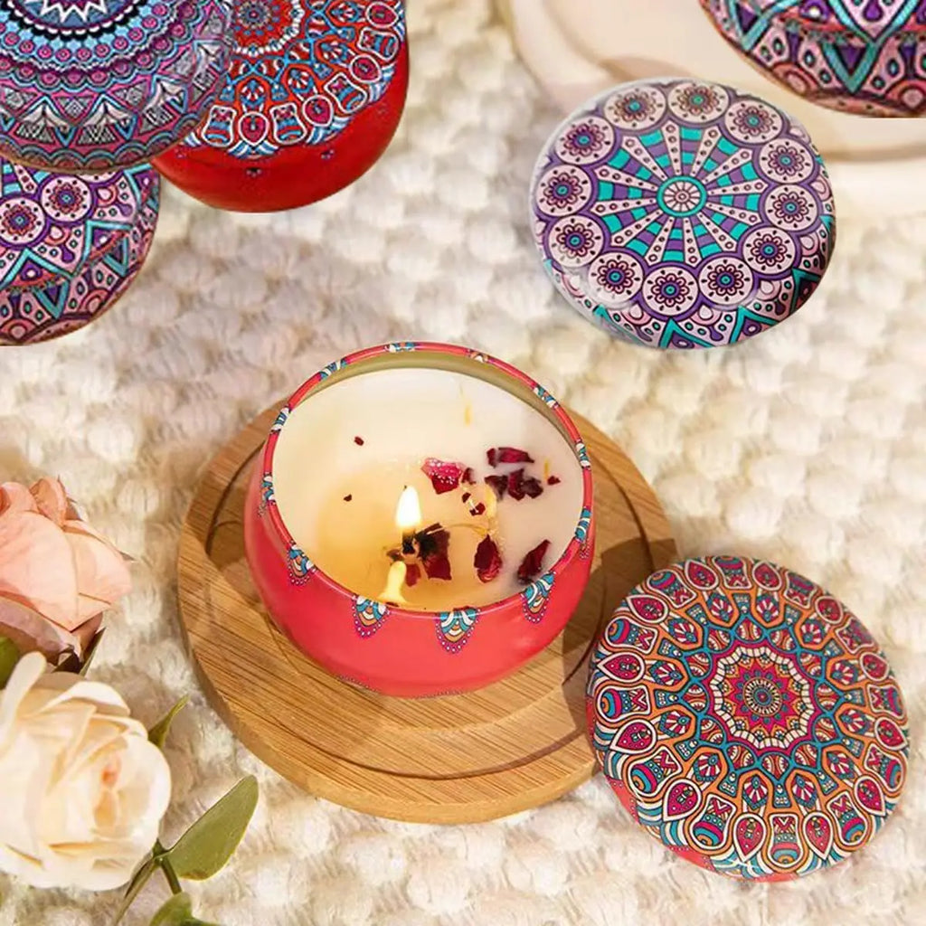 Bohemian Floral Tin Candle with Rose Petals | Natural Essential Oils for Home Decor, Odor Control & Emergency Lighting