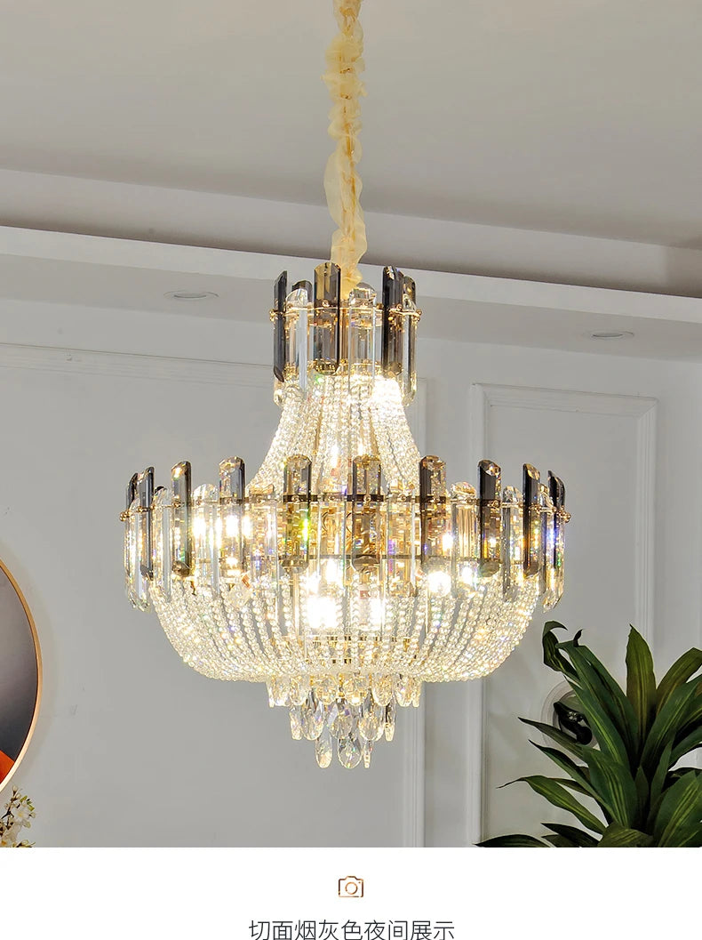 2025 Light Luxury Crystal Ceiling Chandelier Amber And Smoky Grey Crystal Circular Living Room Elegant Ceiling Lamps LED Lustre