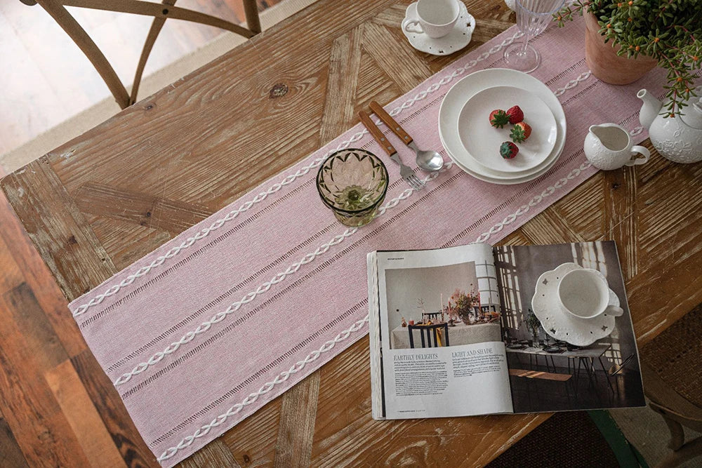 Green Table Runners Boho Rustic Tassels Farmhouse Braided Striped Cotton Linen for Dining Party Holiday Wedding Table Decoration
