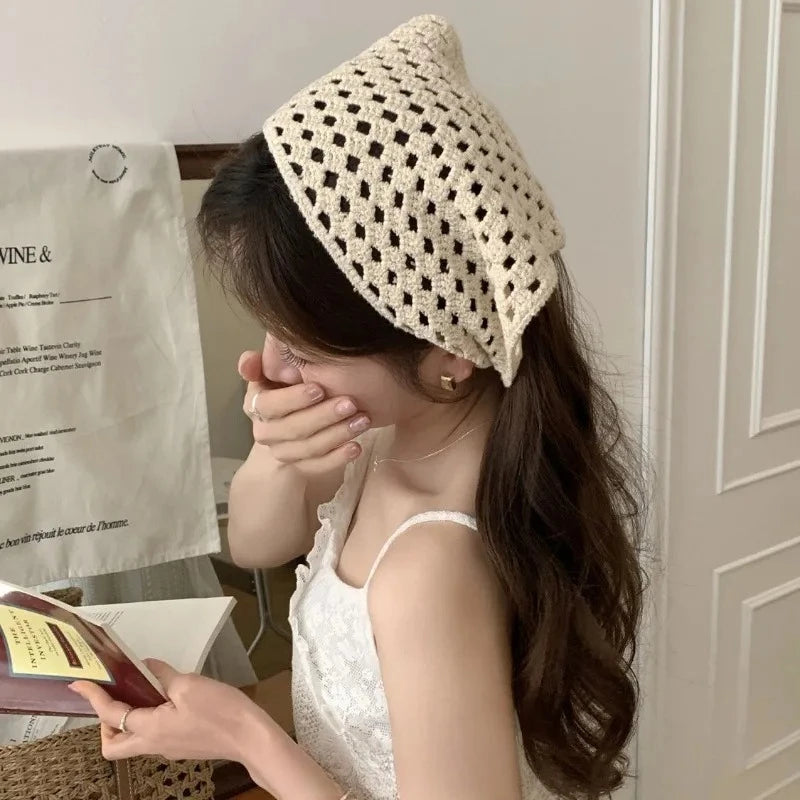 Female Beige Triangle Hair Scarf Bandana Crochet Sheer Mesh Knitted Scarf Retro Headscarf Versatile Neck Scarf Hair Accessories